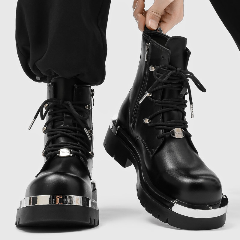 男士马丁靴黑色高端欧美金属痞帅增高机车高帮马丁鞋高级感皮靴子