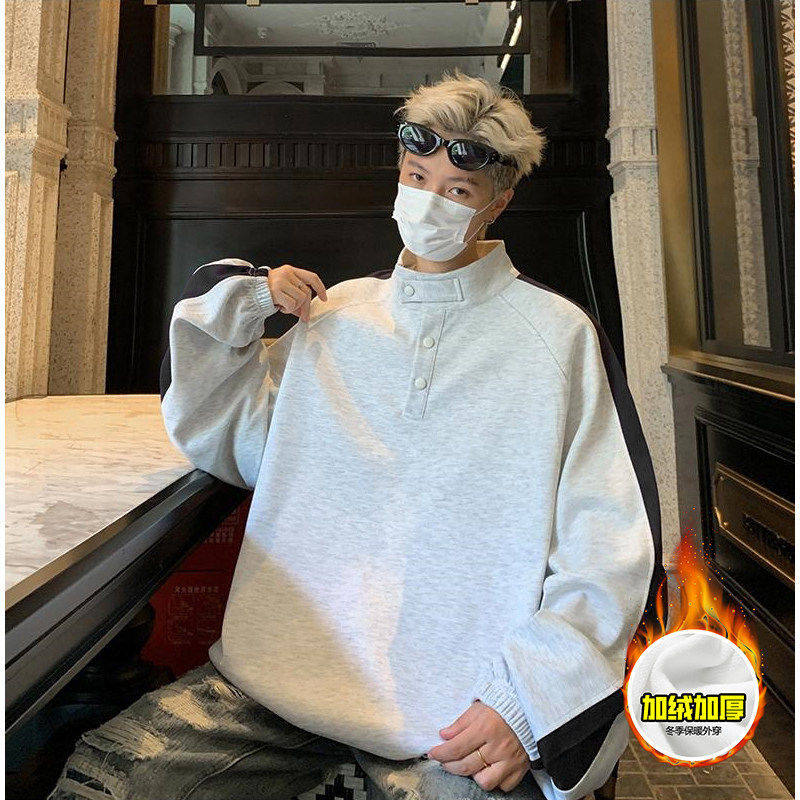 男装秋冬美式高街boxy版型加绒加厚立领半开襟拼色无帽卫衣外套