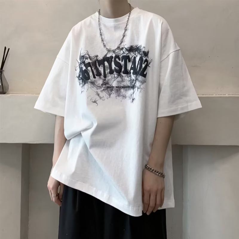 男士大码胖人宽松韩版ins潮流白色字母印花T恤夏季半截袖T恤衫