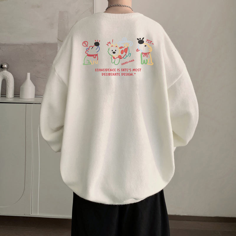 男款圆领毛衣卡通印花宽松中性风白色保暖针织衫秋冬潮流休闲外穿