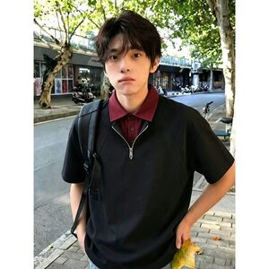 男款潮流翻领半拉链假两件拼接T恤boxy版型棉质休闲拼色POLO衫