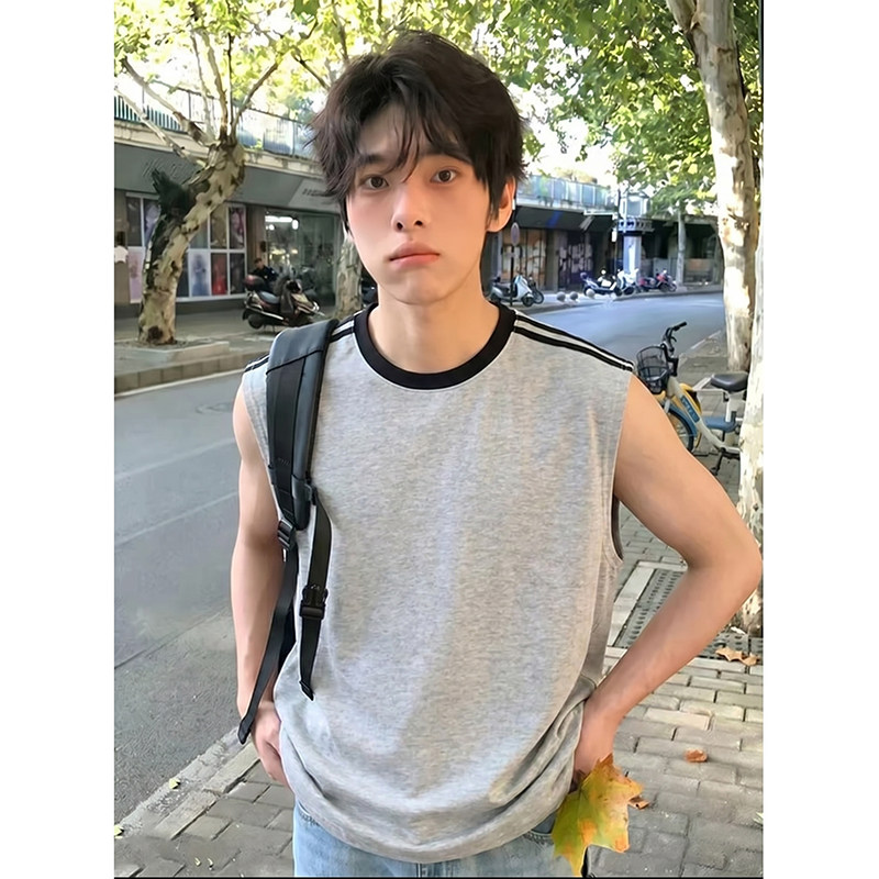 男士夏季宽松重磅双纱纯棉无袖T恤光版灰色休闲运动潮流百搭背心