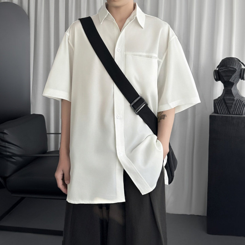 男生夏季宽松短袖衬衫复古日系韩版纯色翻领白衬衣休闲百搭时尚