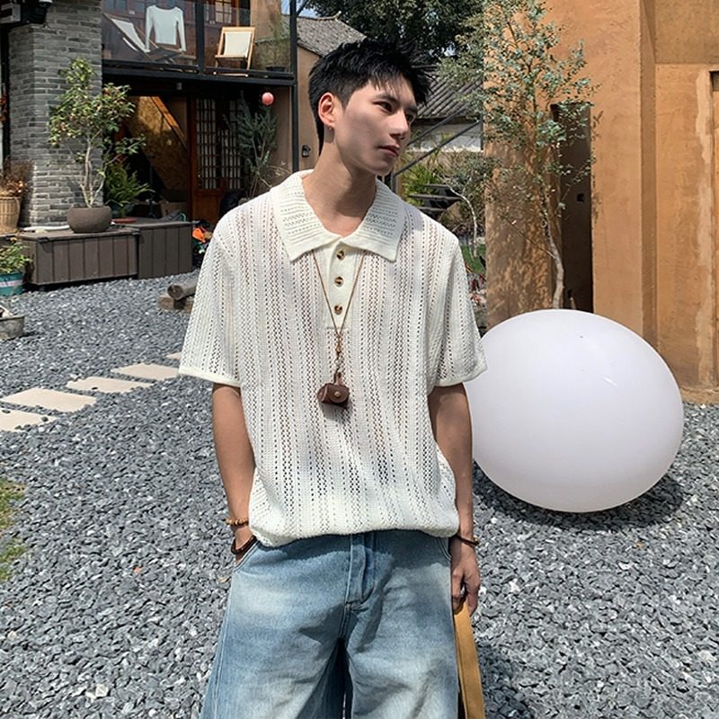 美式复古痞帅高级感镂空翻领短袖针织衫男白色透气休闲情侣毛衣