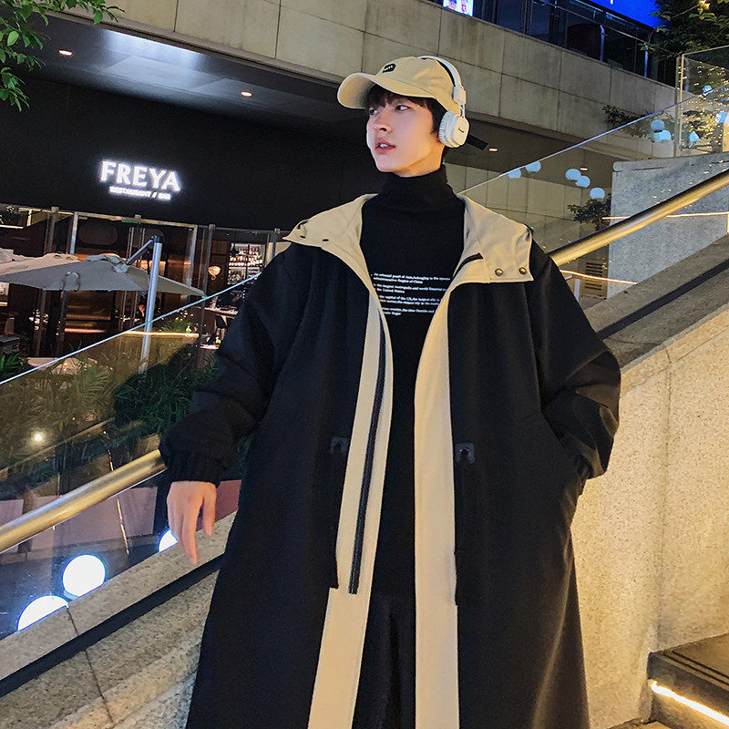 男士撞色连帽长款风衣秋冬加棉中长款大衣港风冲锋大货爆款薄款