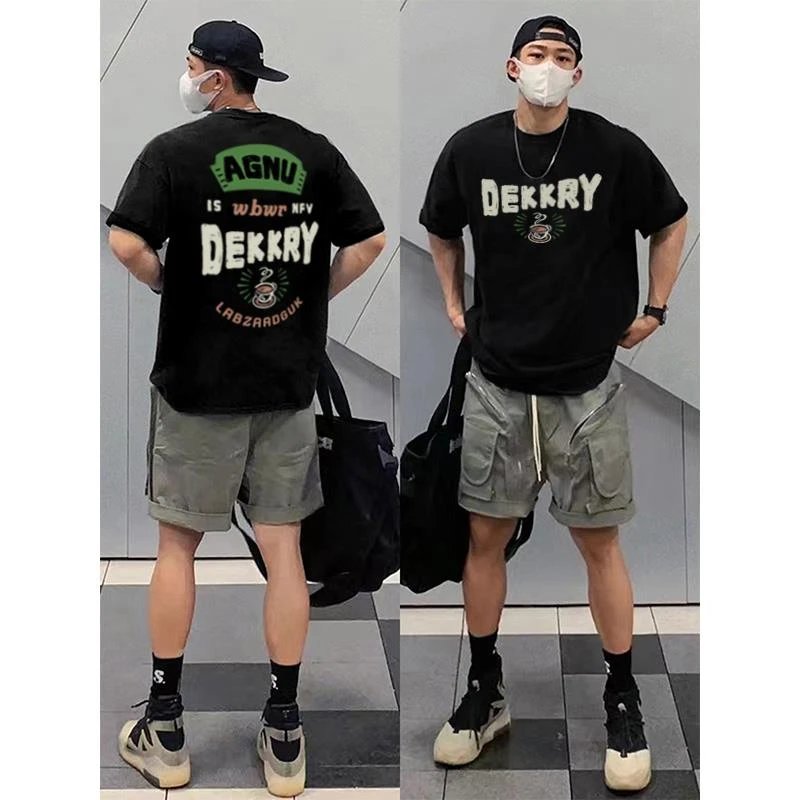 男士街头潮流舒适宽松个性印花短袖T恤夏季简约时尚黑色半袖上衣
