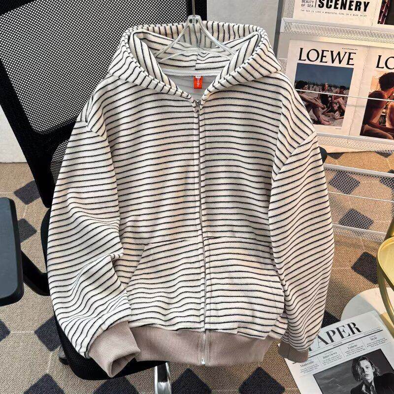 男士宽松连帽拉链卫衣薄款针织毛圈纯棉牛仔拼接条纹休闲外套