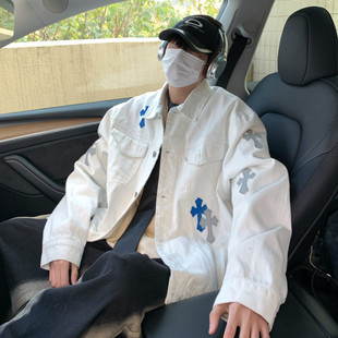 男款高街牛仔外套复古十字架刺绣宽松工装夹克白色印花纽扣上衣