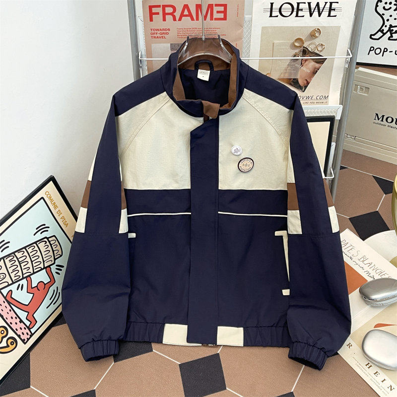 男士港风立领夹克衫宽松休闲撞色拼接冲锋衣外套无帽无拉链潮流款
