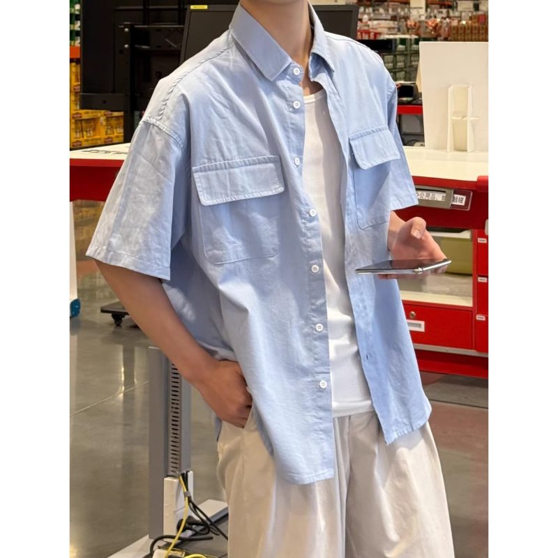 男士夏季新款翻领短袖宽松纯色休闲百搭潮流时尚简约经典韩版衬衫