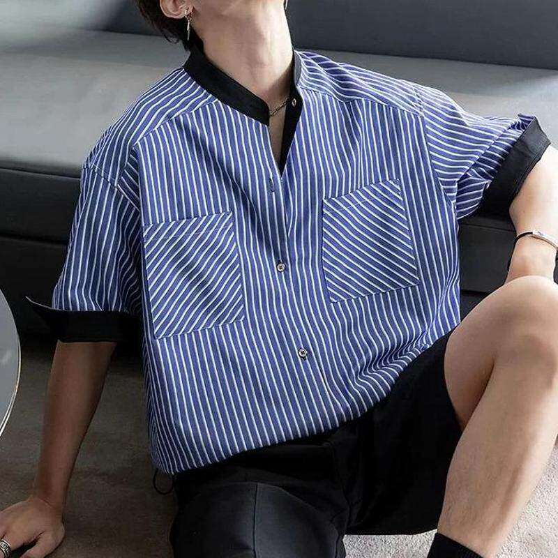 韩版宽松短袖条纹男士学院风潮流情侣休闲时尚百搭夏季气质衬衫