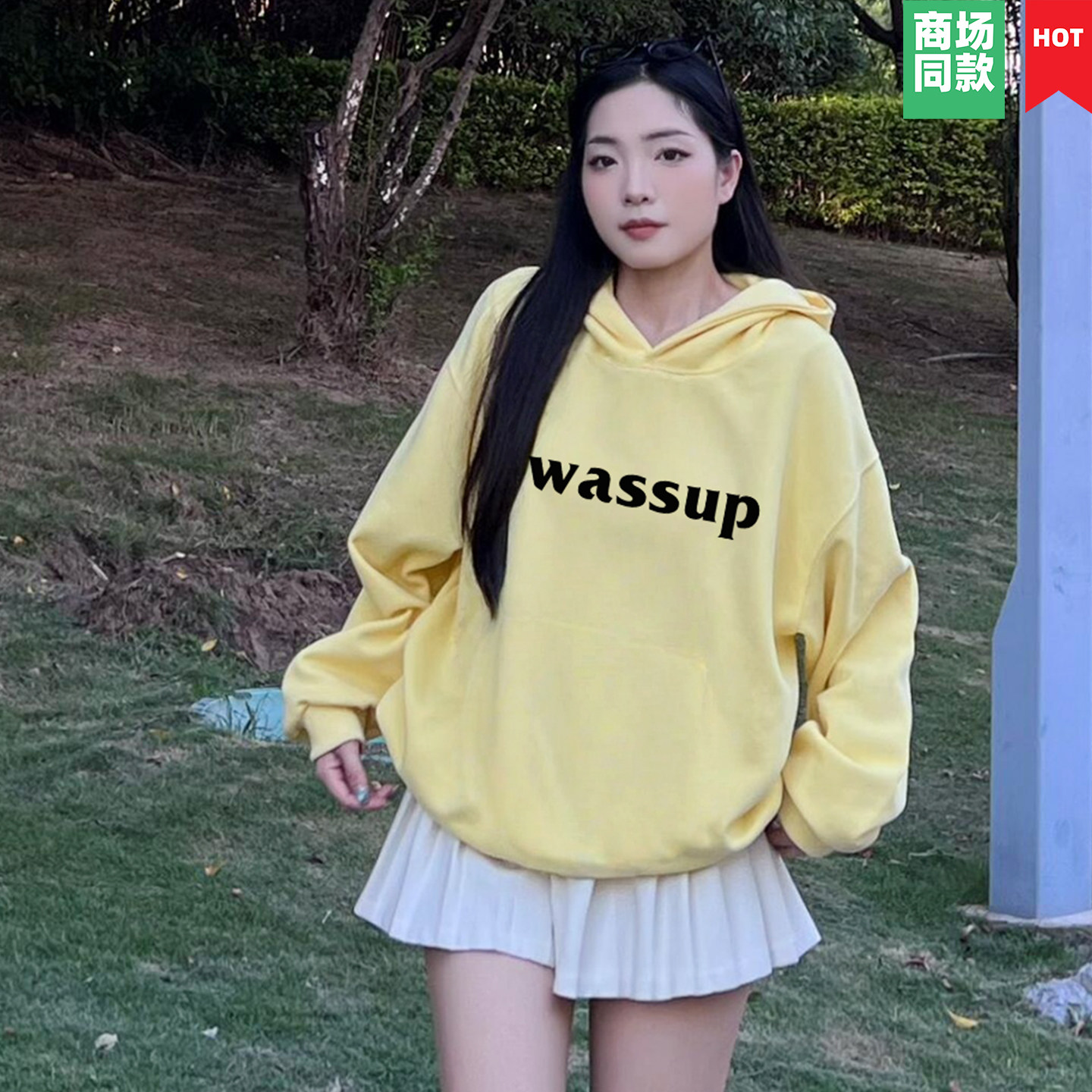 WASSUP美式潮牌连帽卫衣男秋季ins风宽松显瘦字母印花潮重磅设计