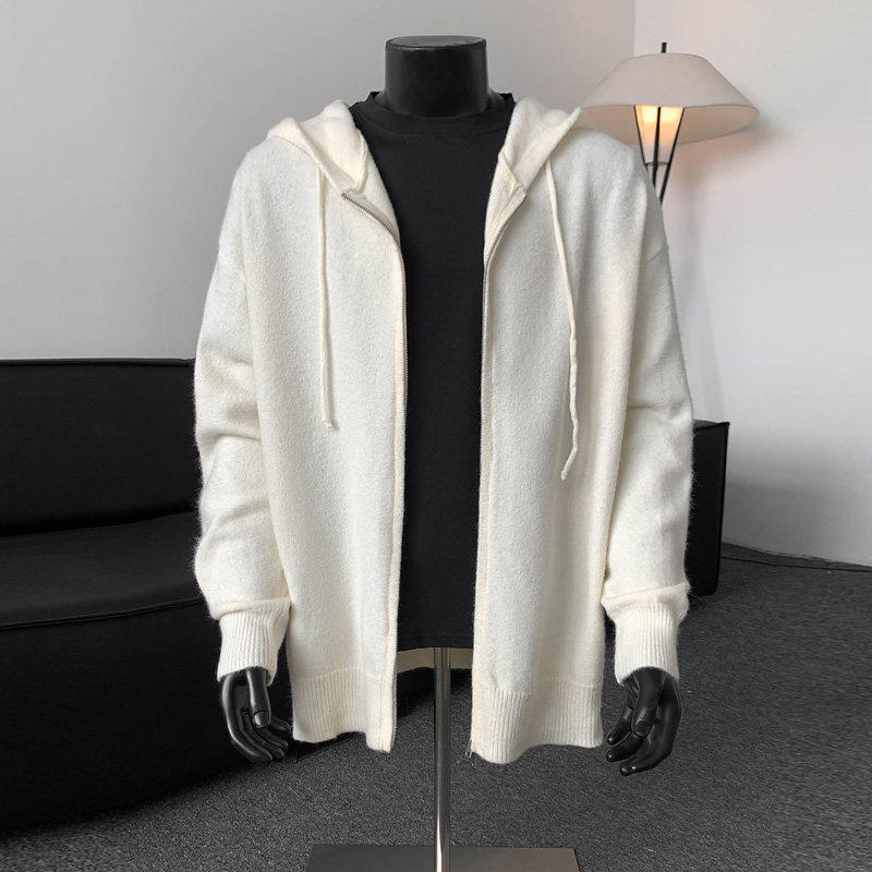 男士连帽针织开衫毛衣外套秋冬宽松纯白色情侣款纯棉慵懒风潮流