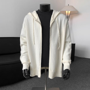 男士连帽针织开衫毛衣外套秋冬宽松纯白色情侣款纯棉慵懒风潮流