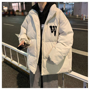 男款立领oversize棉服加厚美式潮流白色印花连帽羽绒外套韩版冬季