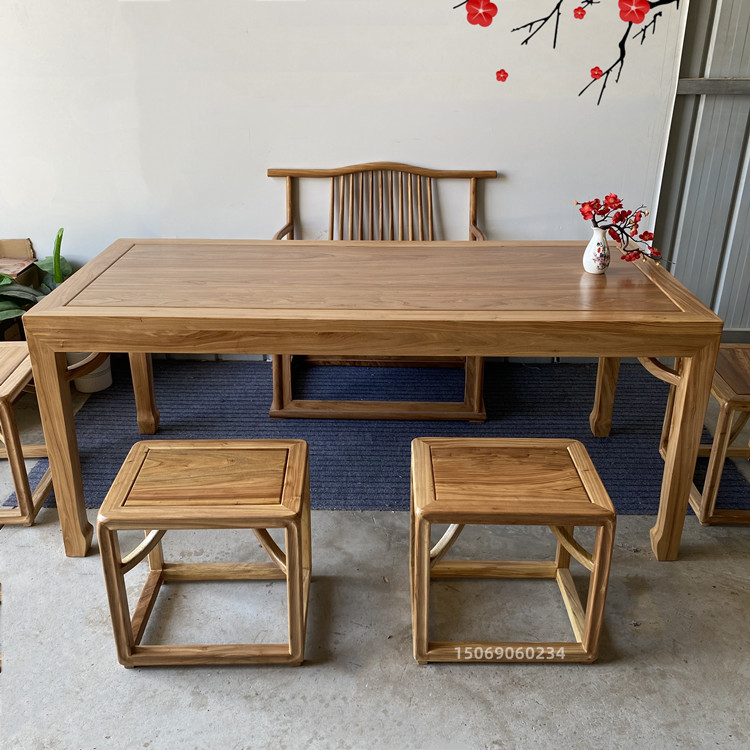 北方老榆木办公桌茶桌书桌椅组合新中式实木马蹄桌简约禅意写字台