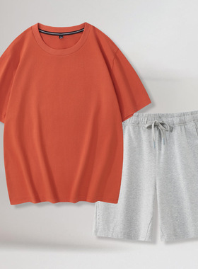 跨境大码棉圆领短袖休闲短裤抽绳套装两件套休闲宽松百搭橙色T恤