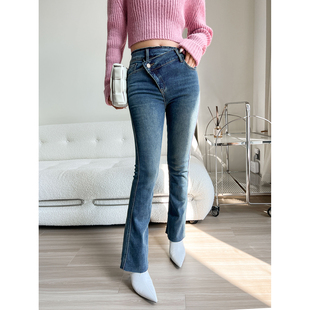 周大大工作室◆琉璃光年微喇牛仔裤女秋款显瘦复古不规则斜扣裤子