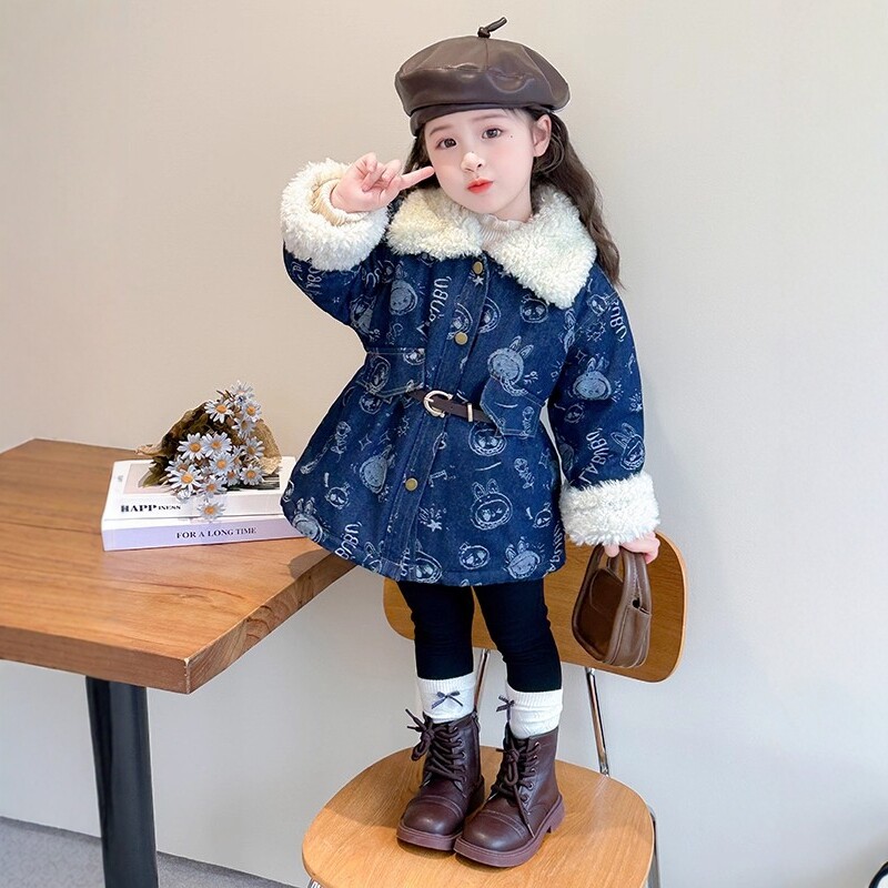 法国Uamtor女童韩版加绒牛仔外套冬装洋气夹棉上衣潮百搭加厚棉服