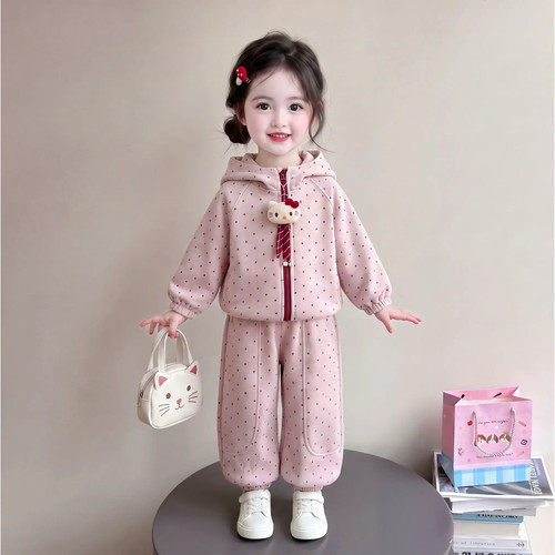Uamtor女童秋冬圆点连帽休闲套装
