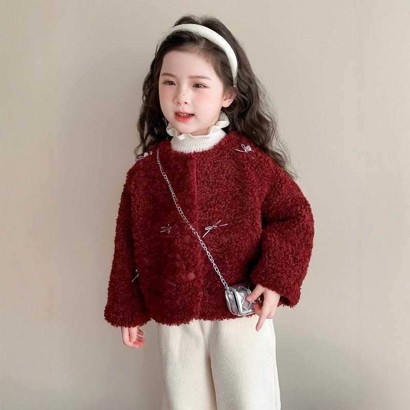 法国Uamtor女小童大红色外套新年加绒毛毛上衣秋冬加厚羊羔绒外套,童装/婴儿装/亲子装,普通外套,淘宝优惠券,粉丝福利购,淘宝优惠卷