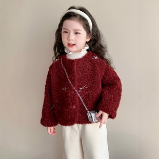 法国Uamtor女小童大红色外套新年加绒毛毛上衣秋冬加厚羊羔绒外套