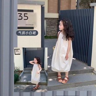 法国Uamtor春夏季女童小众设计感气质长裙纯色茧型开叉无袖连衣裙