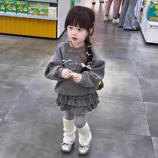 法国Uamtor2026秋冬新款 儿童加绒卫衣蛋糕半身裙子两件套 女童套装