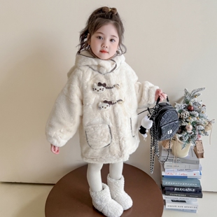 法国Uamtor女童羊羔毛中长款外套秋冬新款洋气秋冬装时髦加绒加厚