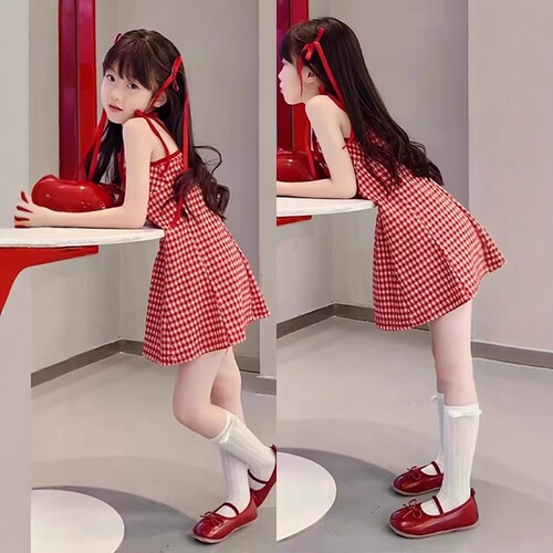 法国Uamtor女童连衣红格子吊带裙