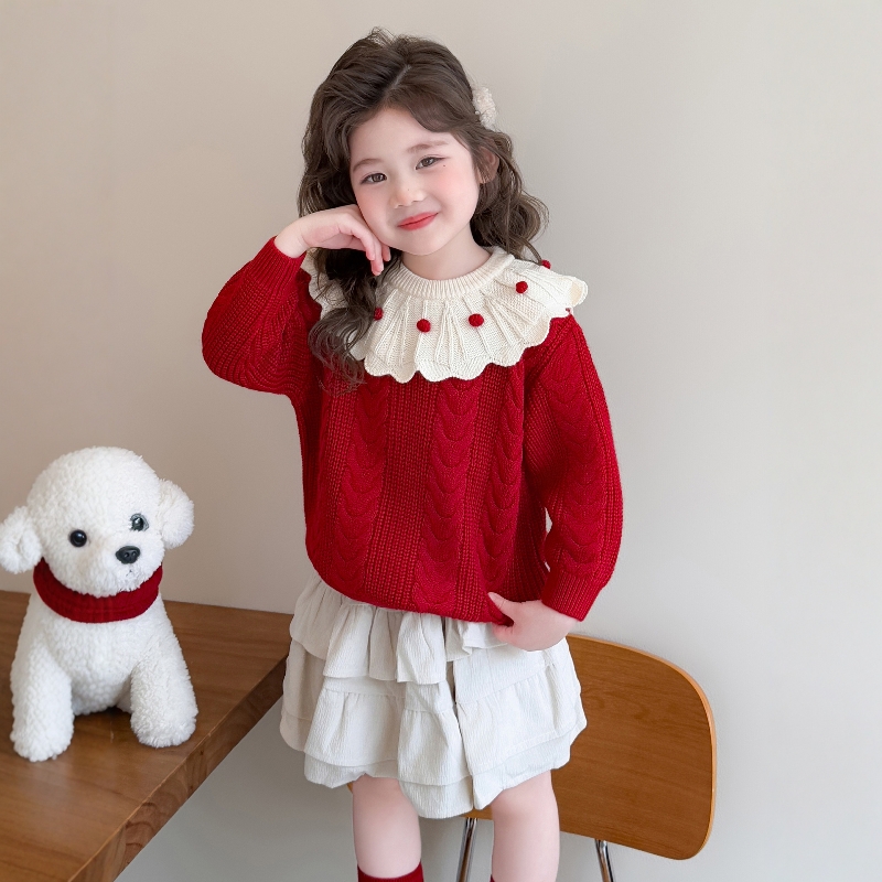 Uamtor女小童红色娃娃领针织毛衣