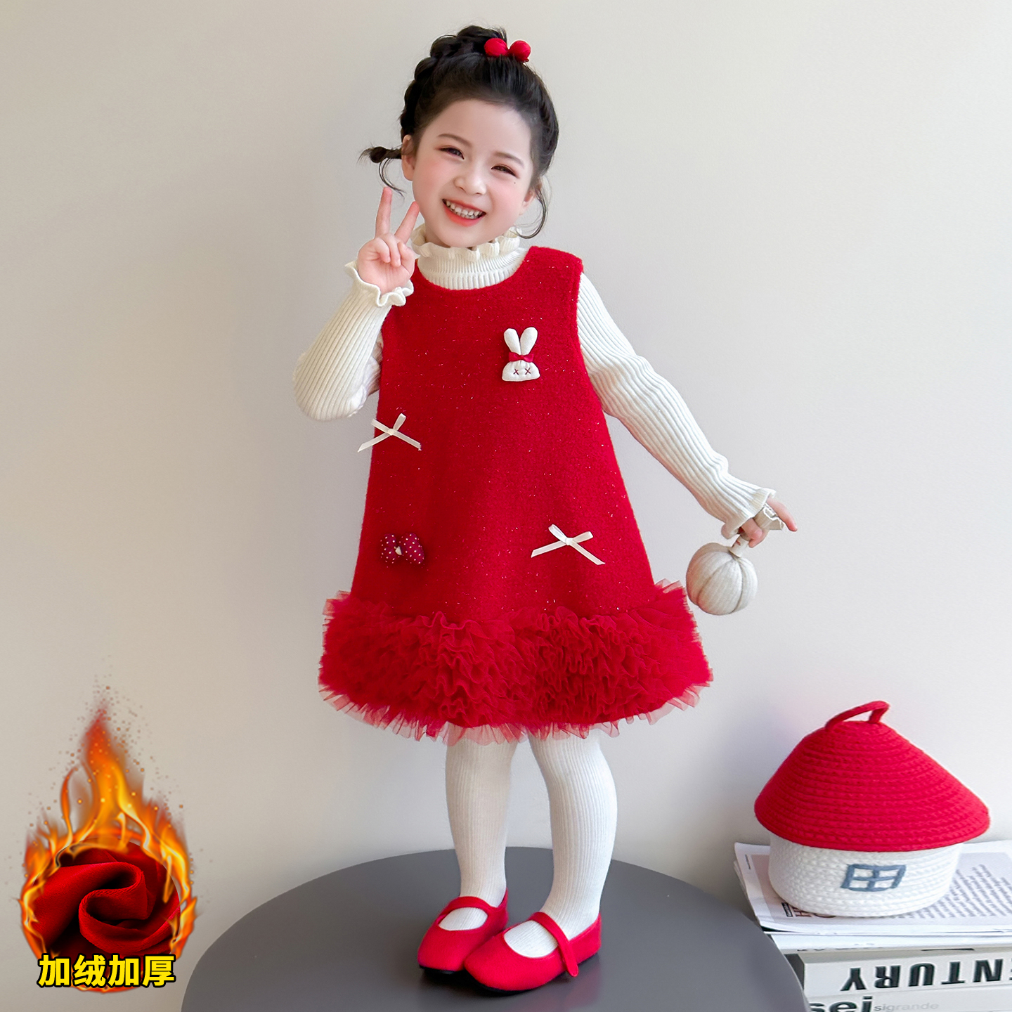 Uamtor女童红色连衣裙新年拜年服