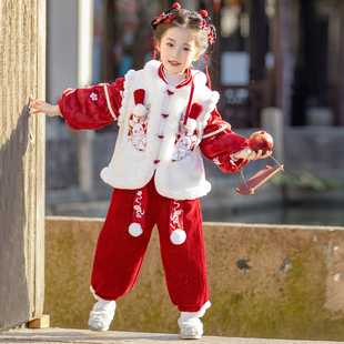 法国Uamtor女童国风拜年服加绒红色套装儿童汉服中式唐装喜庆套装