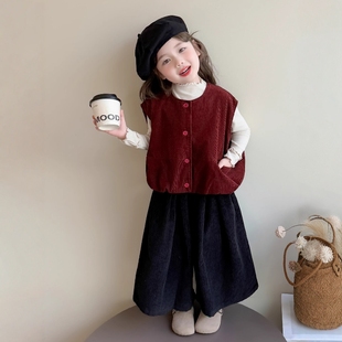 法国Uamtor女童洋气马甲三件套2025秋冬时髦洋气打底衫阔腿裤套装