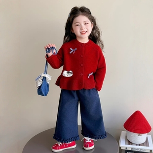 法国Uamtor女童毛衣针织开衫套装新年衣服红色2026猫咪上衣女宝宝