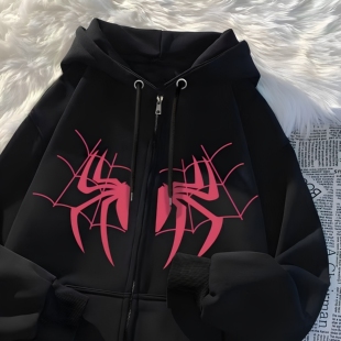 中大童美式高级感黑色连帽卫衣男女童秋冬蜘蛛印花拉链开衫外套潮