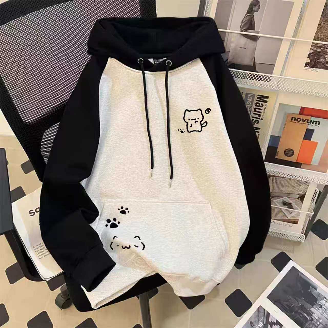 中大童美式撞色插肩连帽卫衣女童2026秋冬新款初中学生慵懒风上衣