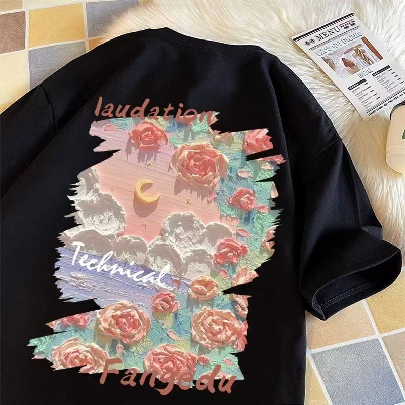 男女童复古油画短袖t恤潮牌夏季中大童半袖美式复古oversize上衣