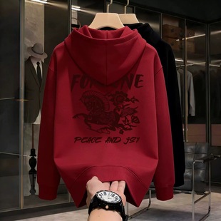 中大童剪纸马国潮红色连帽卫衣2026马年本命年男女童新款喜庆帽衫