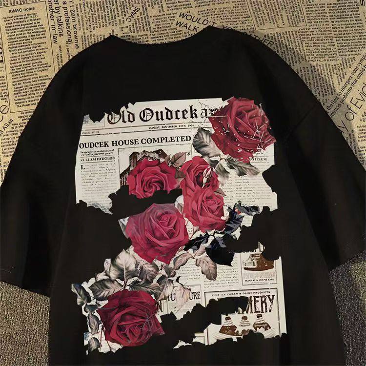男女童报纸红玫瑰印花短袖t恤中大童夏季oversize美式复古体恤潮,童装/婴儿装/亲子装,T恤,淘宝优惠券,粉丝福利购,淘宝优惠卷