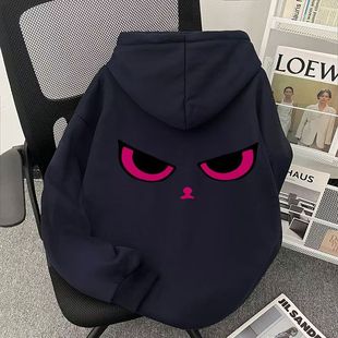中大童藏青色连帽卫衣oversize高级感男童女童秋冬季表情印花上衣
