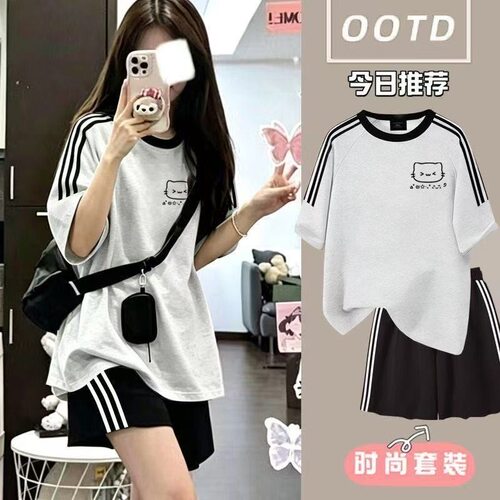 女中大童夏季纯棉猫T恤短裤套装
