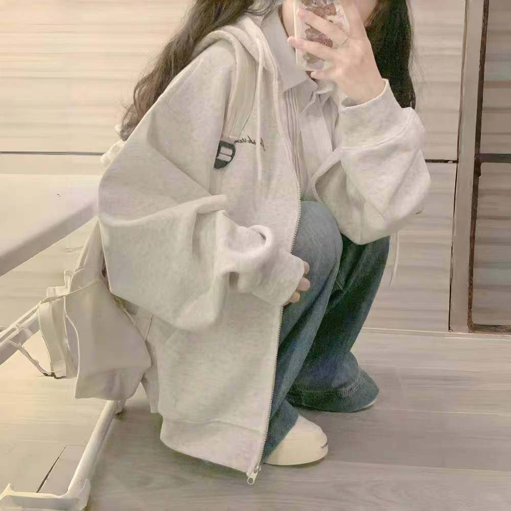 中大童浅灰色慵懒风连帽卫衣拉链帽衫女童美式印花纯棉休闲外套潮,童装/婴儿装/亲子装,卫衣/绒衫,淘宝优惠券,粉丝福利购,淘宝优惠卷