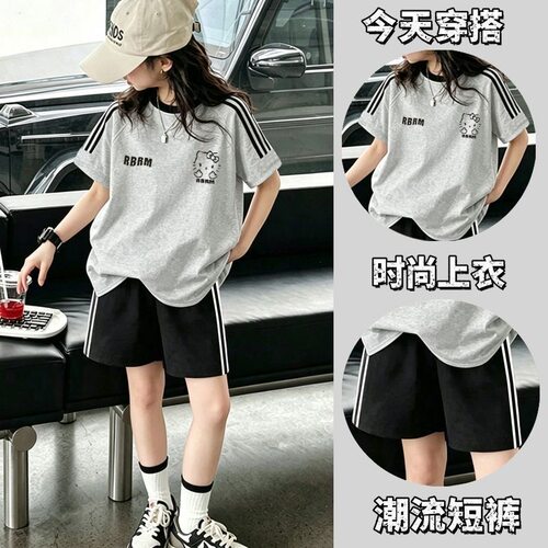 女中大童夏季纯棉KT猫三杠套装