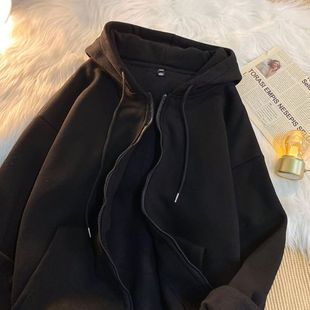 中大童黑色秋冬季加绒加厚开衫连帽卫衣男女童2025新款宽松外套潮