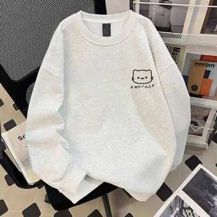 女童日系潮流简约猫咪圆领卫衣女孩春秋冬新款纯棉白灰色宽松上衣