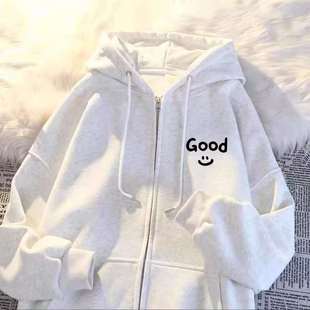 男女童GOOD笑脸印花纯棉开衫连帽卫衣儿童春秋冬新款宽松拉链外套