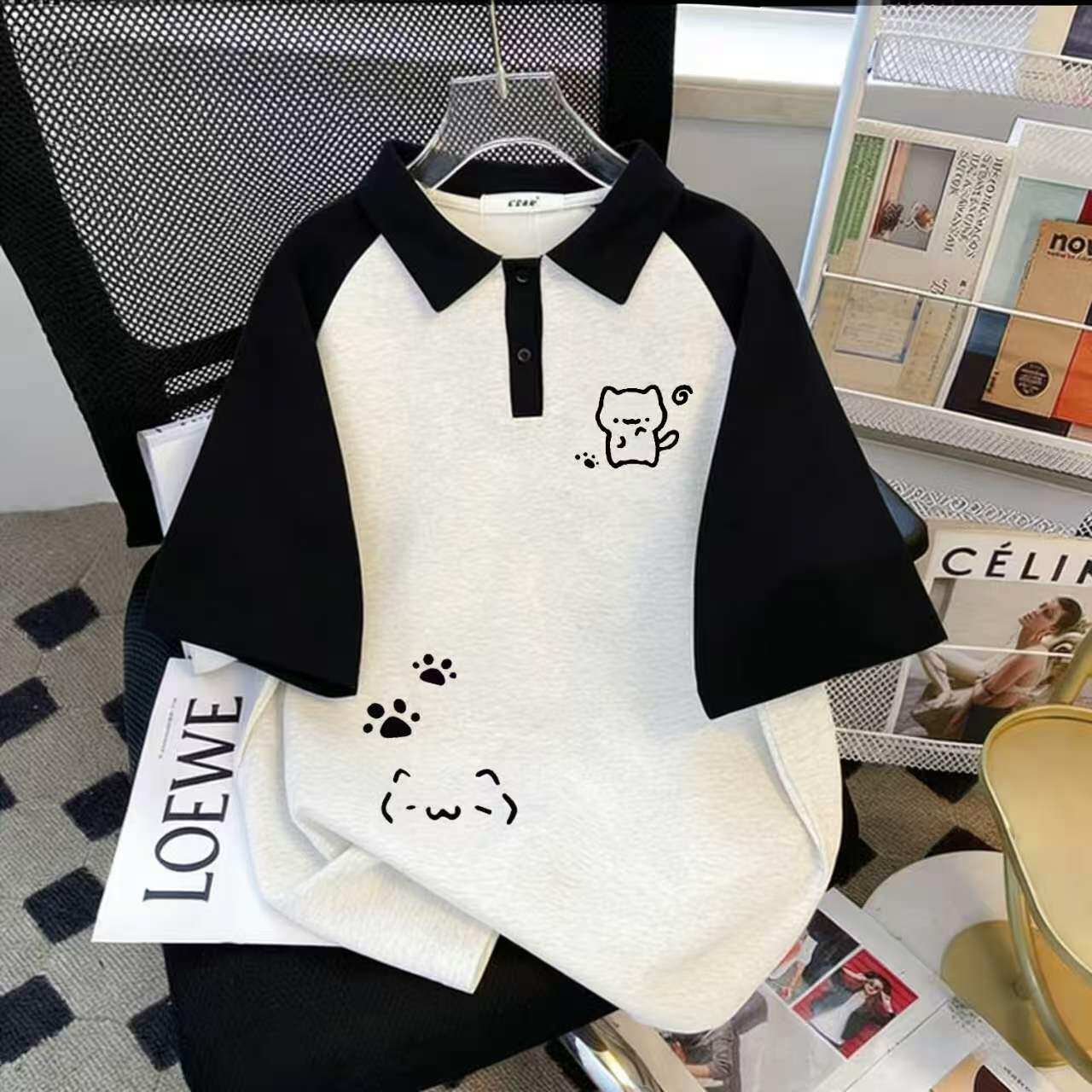 女童Polo衫夏季新款短袖中大童猫咪印花插肩袖中大童儿童T恤上衣