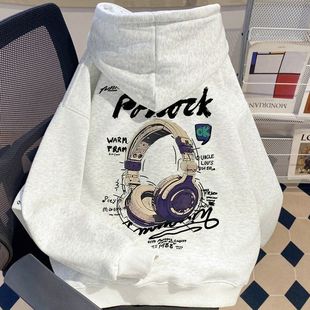 男童美式潮牌耳机印花连帽卫衣男孩秋冬新款宽松街头高街外套帽衫