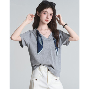 韩系2026夏季新款高级感百搭领带V领短袖T恤女纯棉半袖宽松上衣潮
